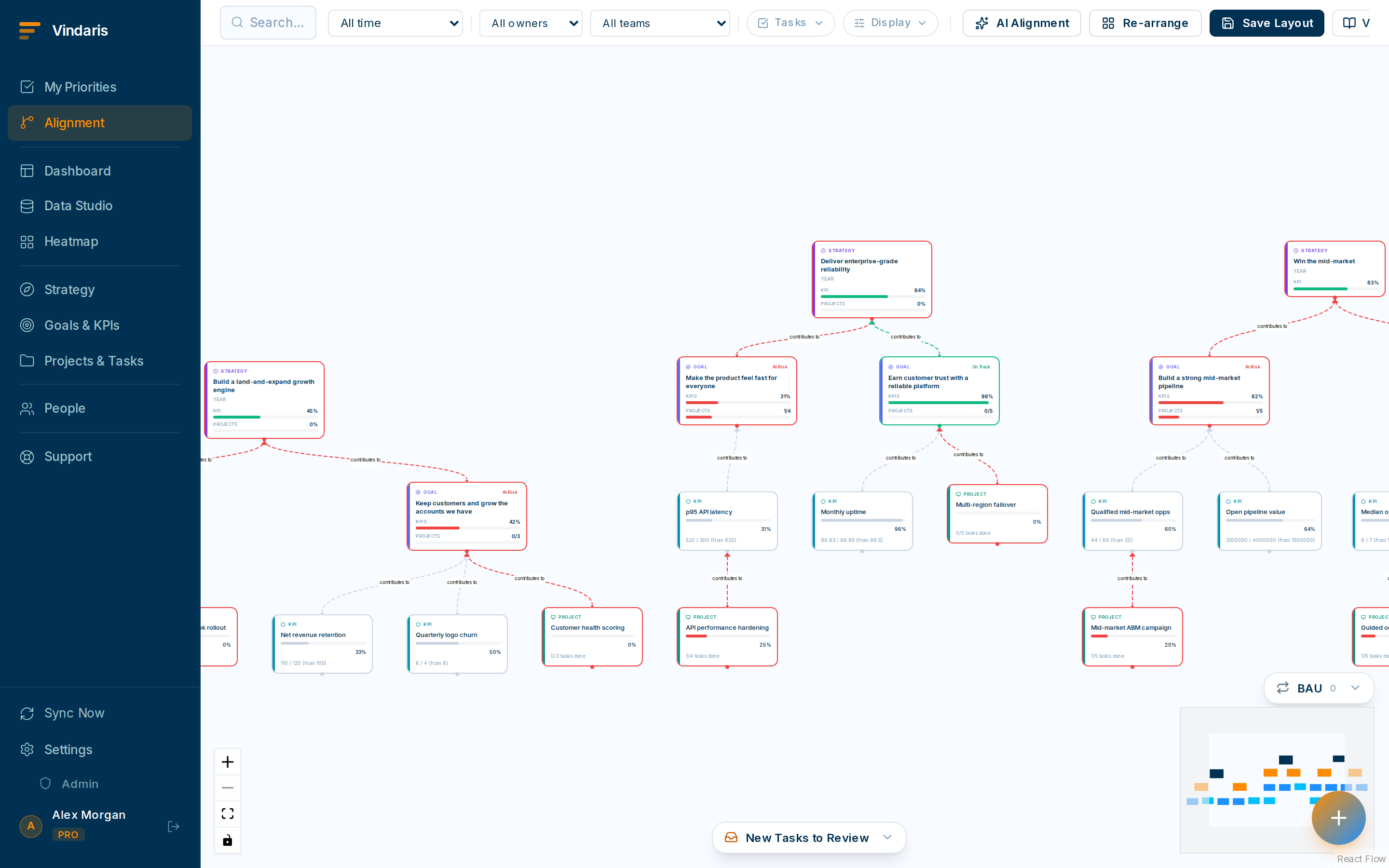 The Alignment view showing strategies at the top with goals, projects and tasks cascading below in a tree structure
