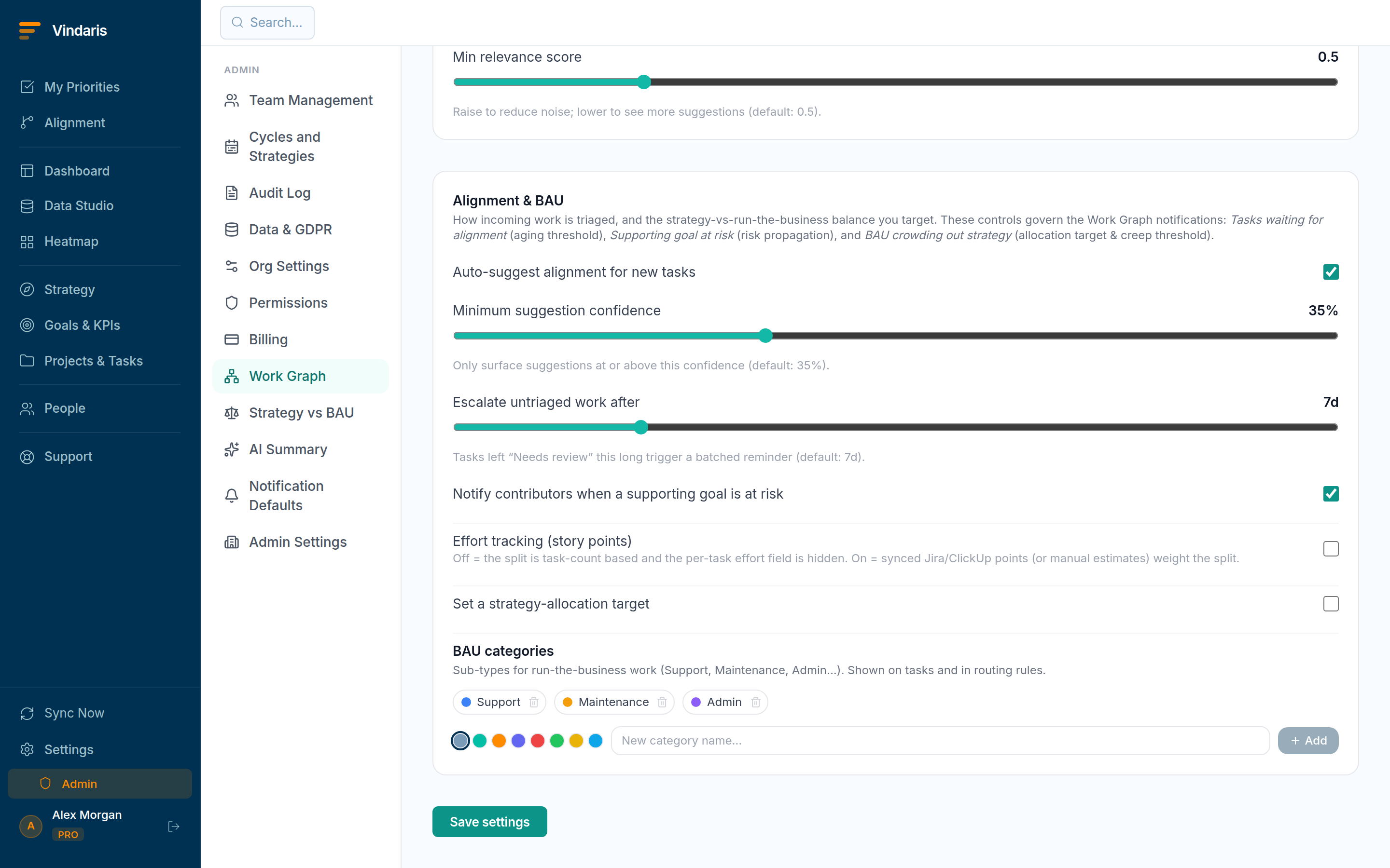 The BAU categories manager showing color-coded categories like Support, Maintenance and Admin with task counts and an input to add a new category