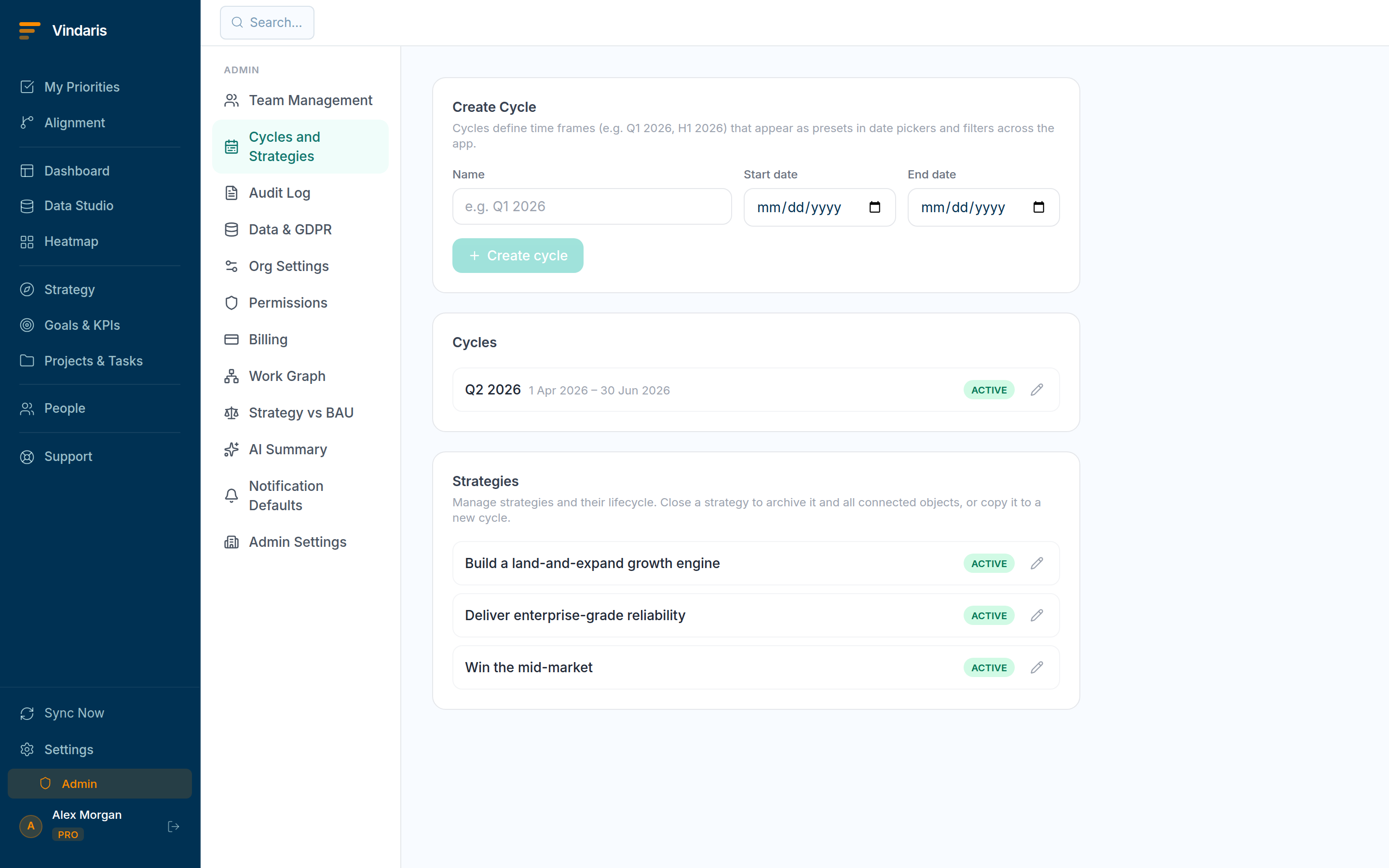 The Cycles admin tab showing a Create cycle form with Name, Start date and End date, and a list of existing cycles with status badges