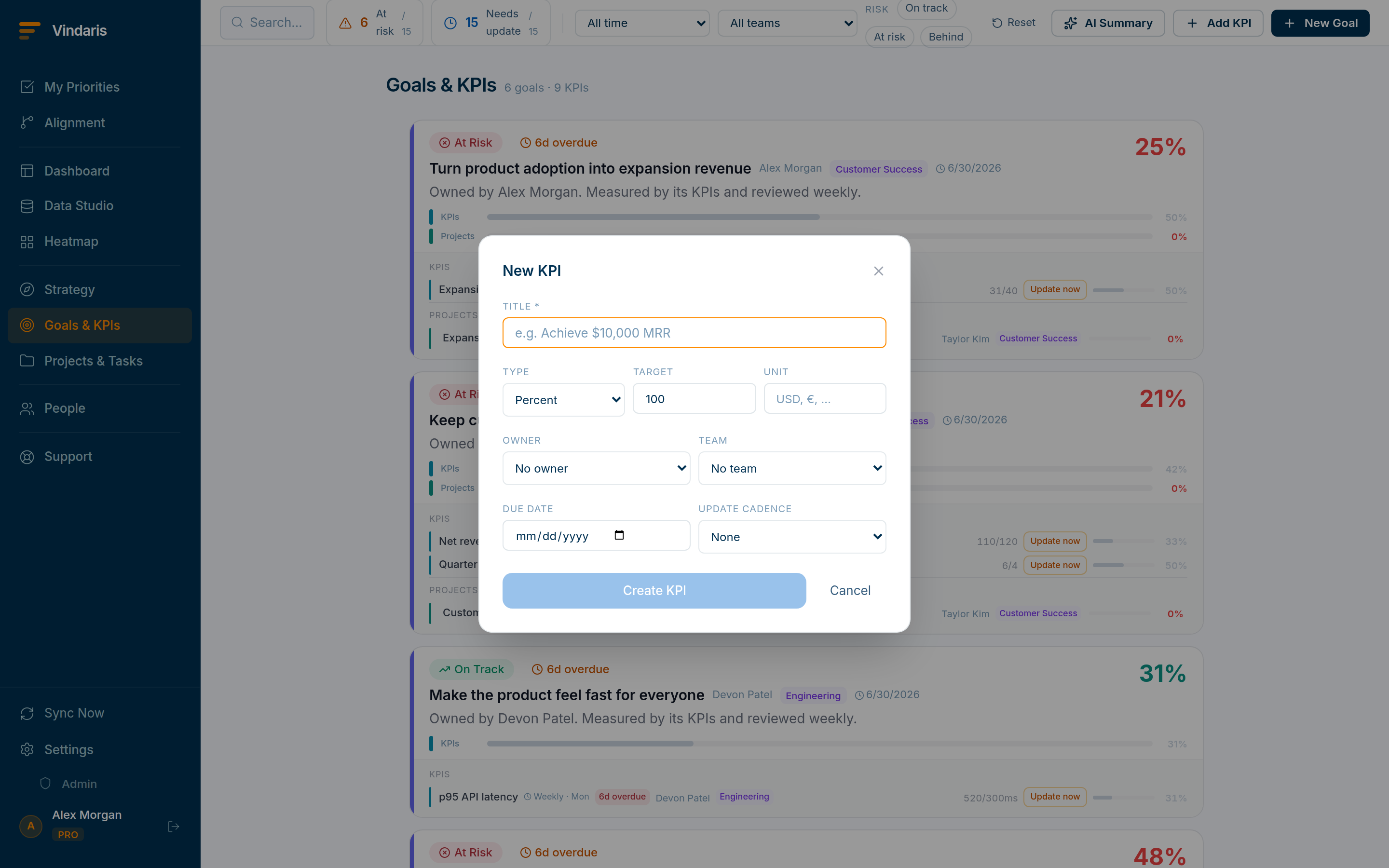 The Add KPI form showing the Title field, a Type dropdown set to Percent, and Start, Now and Target value inputs