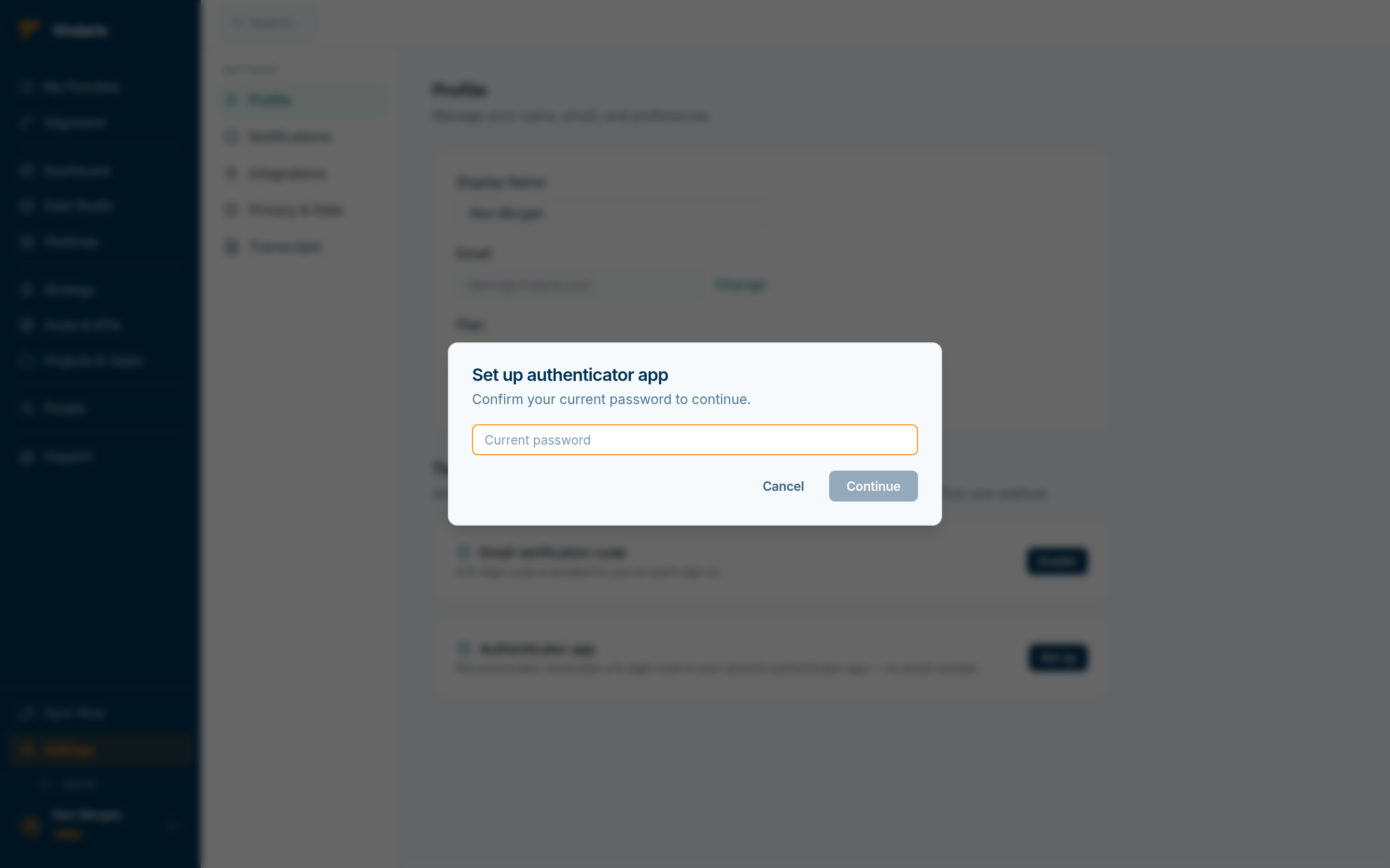 The Two-Factor Authentication card with an Authenticator app option showing a QR code to scan and a field to enter the six-digit code