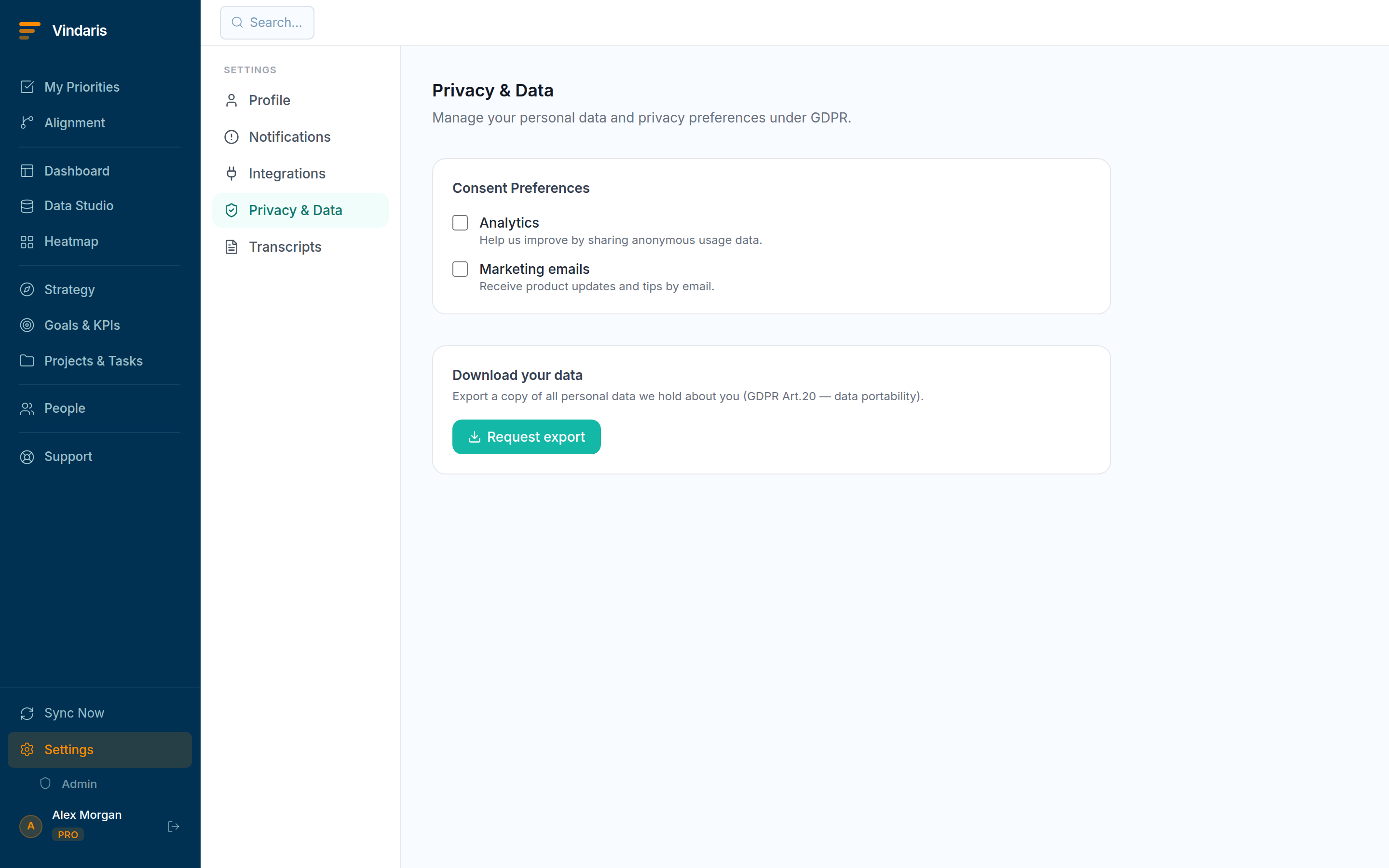 The Privacy and Data settings tab with consent toggles for Analytics and Marketing emails, and a Download your data card with a Request export button