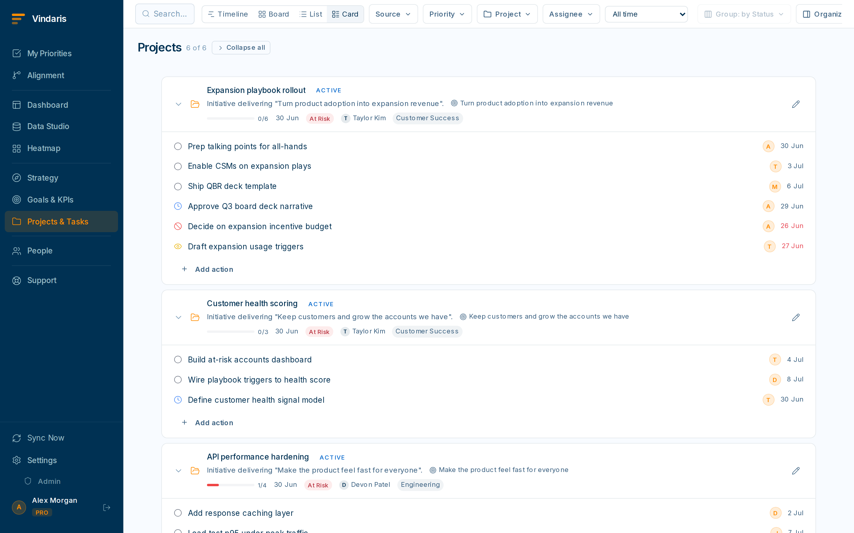 A project Kanban board with task cards arranged across Backlog, In Progress, In Review and Done columns