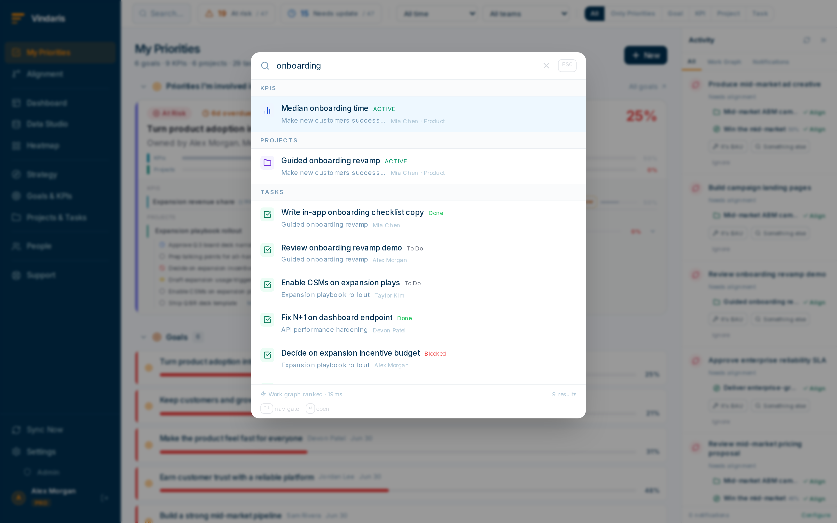 The global search in the sidebar showing results for goals, projects, tasks and people matching the search term