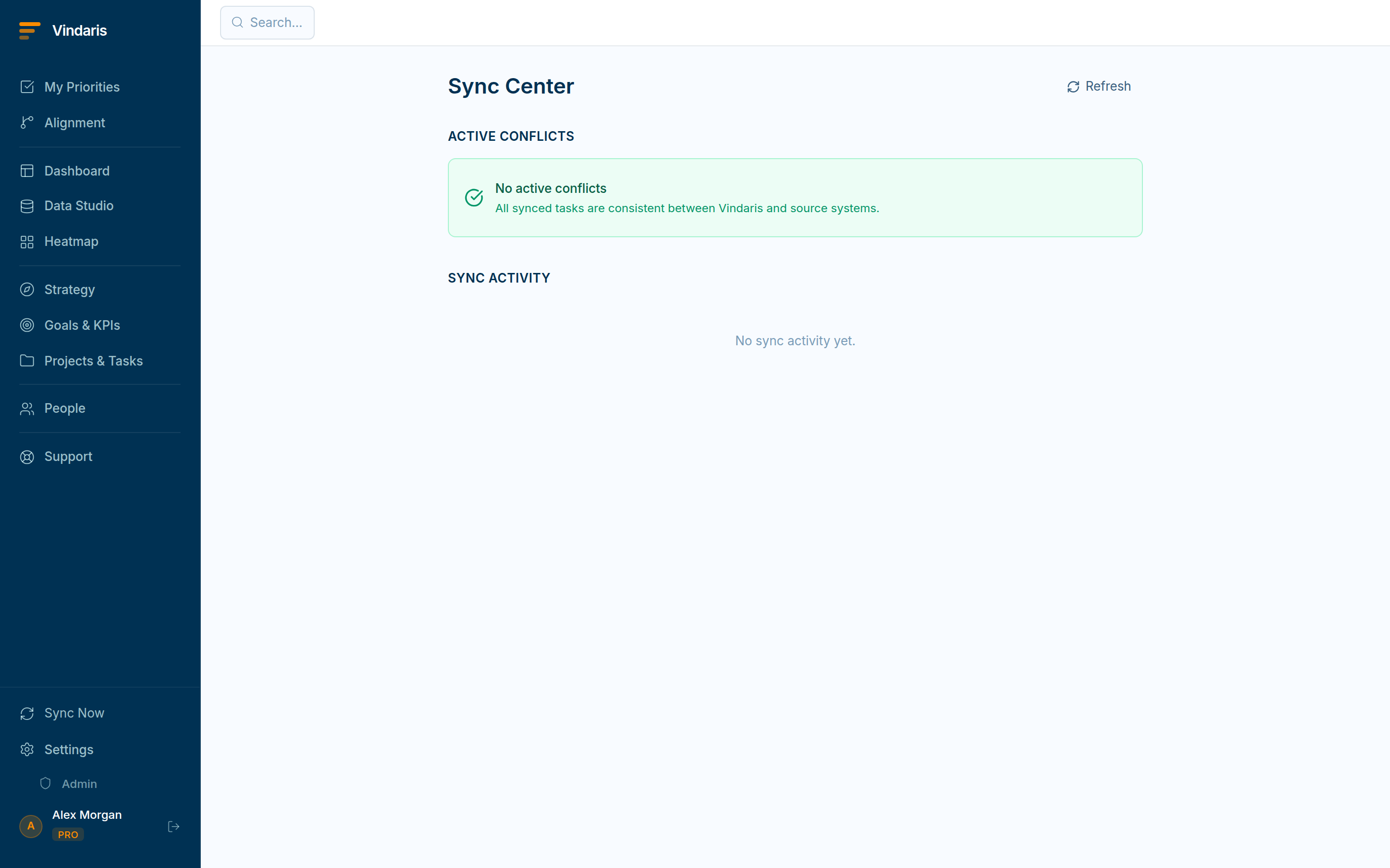 The Sync Center showing an Active Conflicts list with a Resolve button, and a side-by-side conflict view comparing the Vindaris version against the Jira version