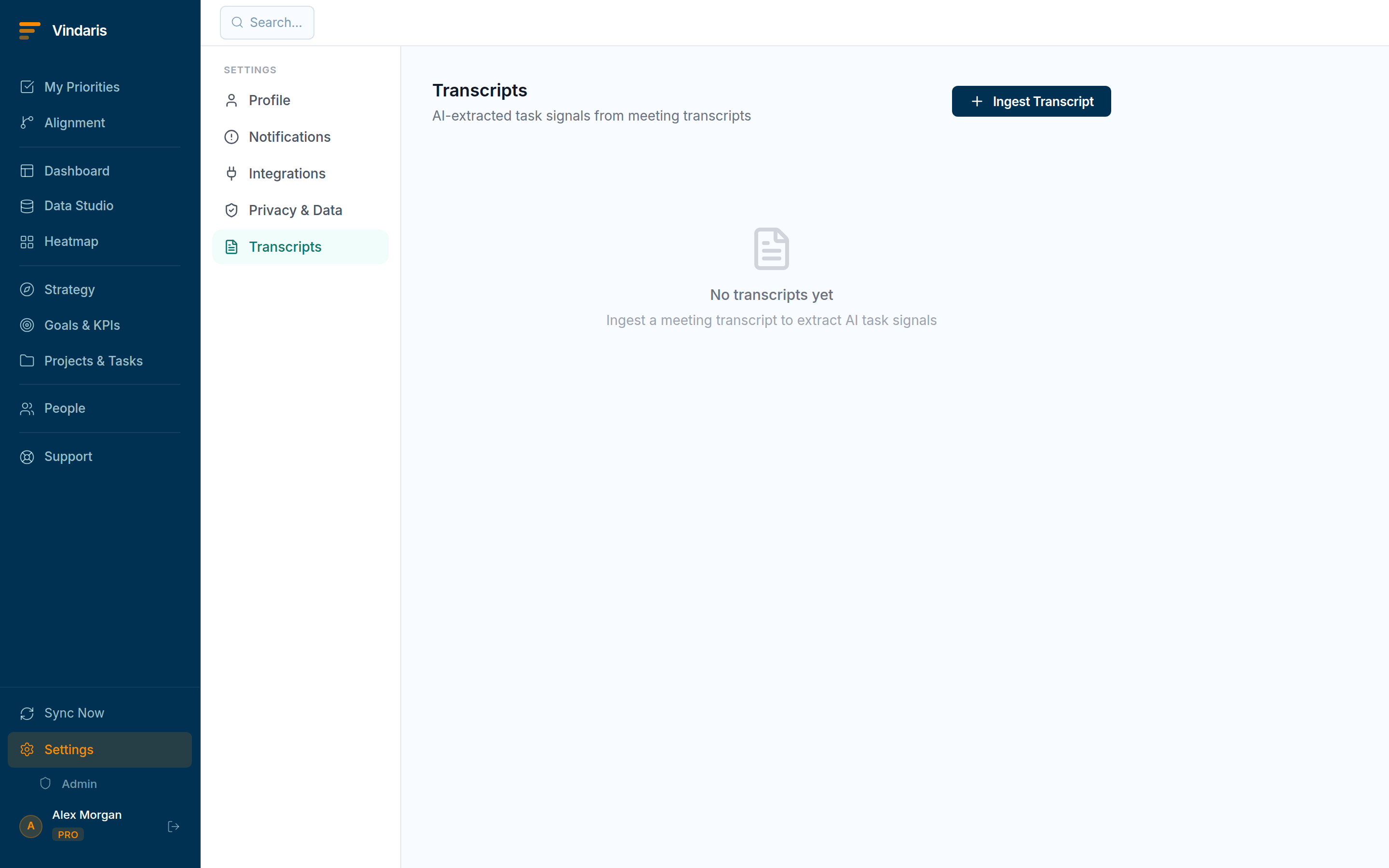 The Transcripts settings tab listing ingested transcripts with signal counts and an expanded transcript showing extracted signals with Confirm and dismiss buttons