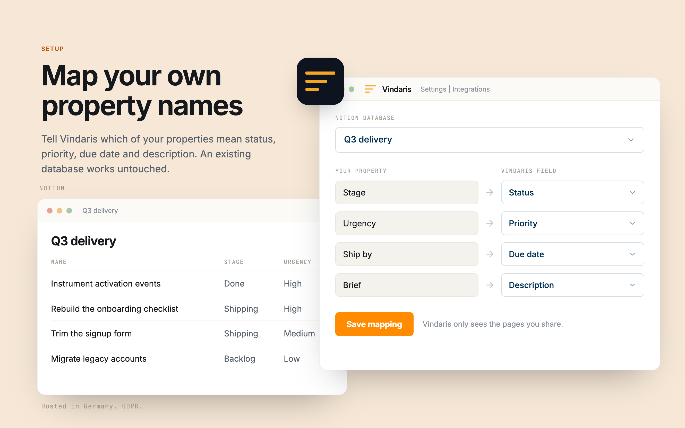 Mapping Notion property names to Vindaris fields in settings