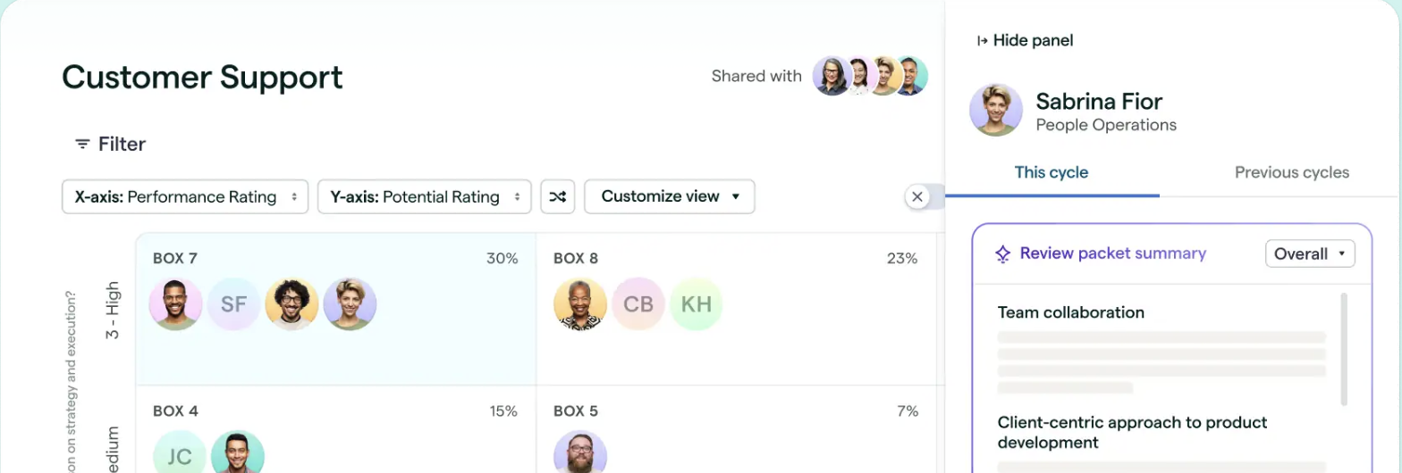 Lattice's 9-box performance and potential grid next to a review packet summary panel